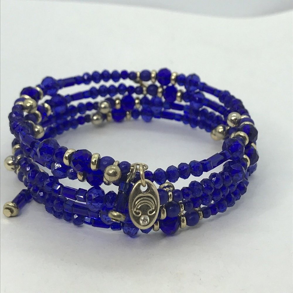 Charming Charlie Bracelet Memory Wire‎ Beaded Blue Shades Gold Tone Beads